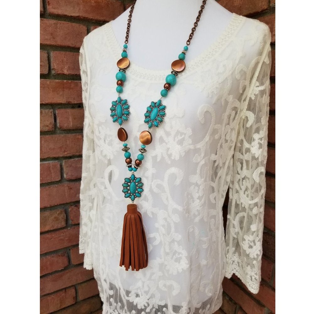 Necklace Earrings Squash Blossom Faux Leather Turquoise Copper Silver Beads - Picture 5 of 9